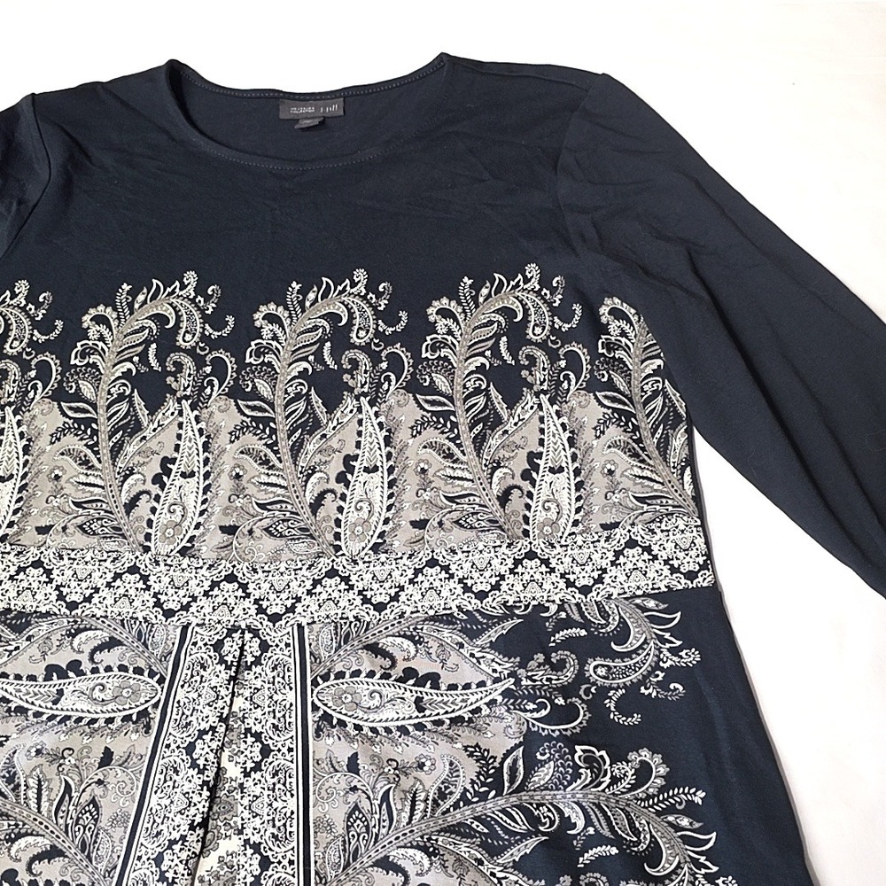 J. Jill Wearever Dress Womens Medium Petite Black Paisley 3/4 Sleeve Pleat